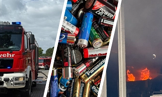 Bild-Collage aus einem Feuerwehrauto, einer Sammlung von Batterien und Flammen.