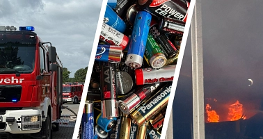 Bild-Collage aus einem Feuerwehrauto, einer Sammlung von Batterien und Flammen.